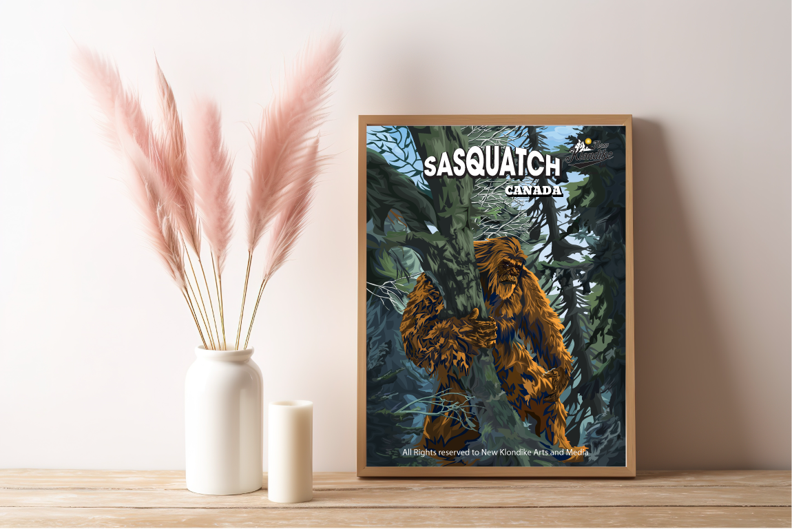 12x18 Sasquatch art print by New Klondike Arts, featuring a daytime forest scene with Sasquatch in Canada.
