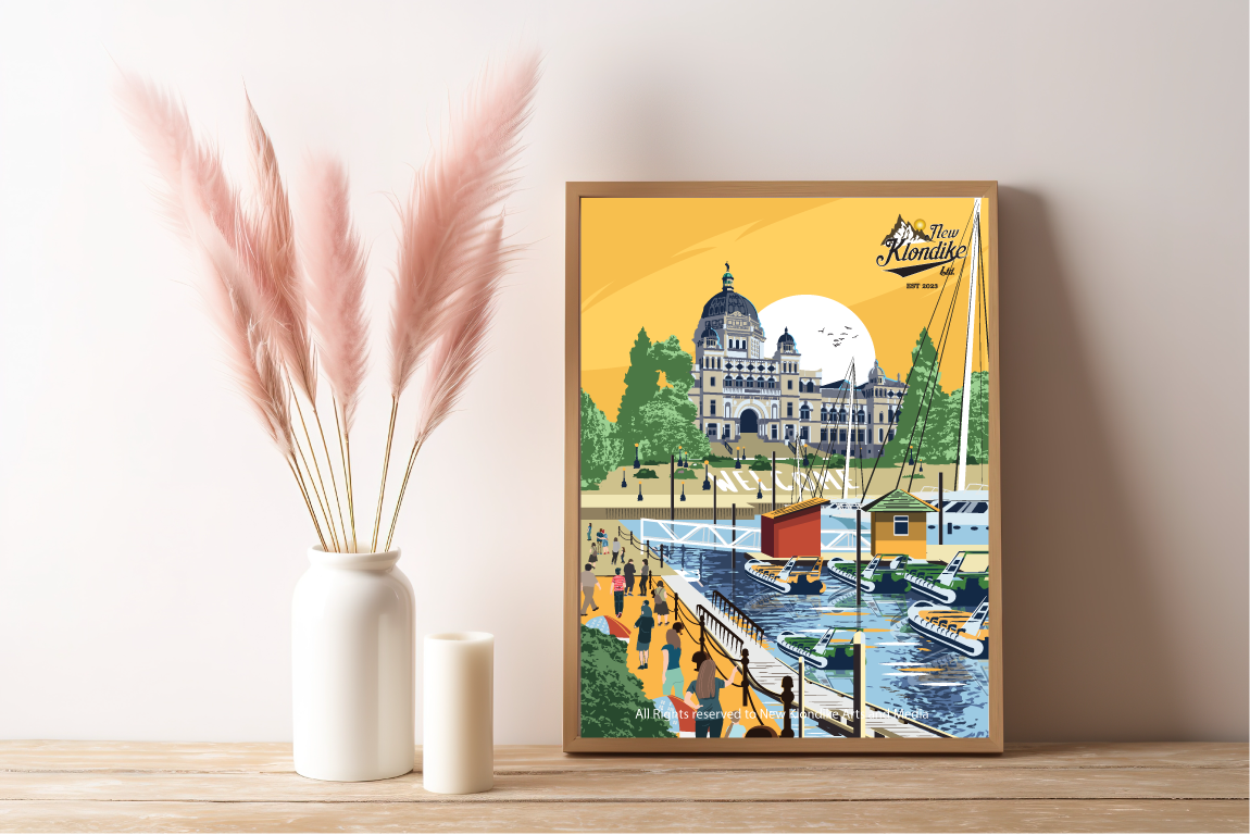 Victoria Harbour view art print by New Klondike Arts and Media, sunrise scene of Victoria, Canada, on 12x18 inch paper.