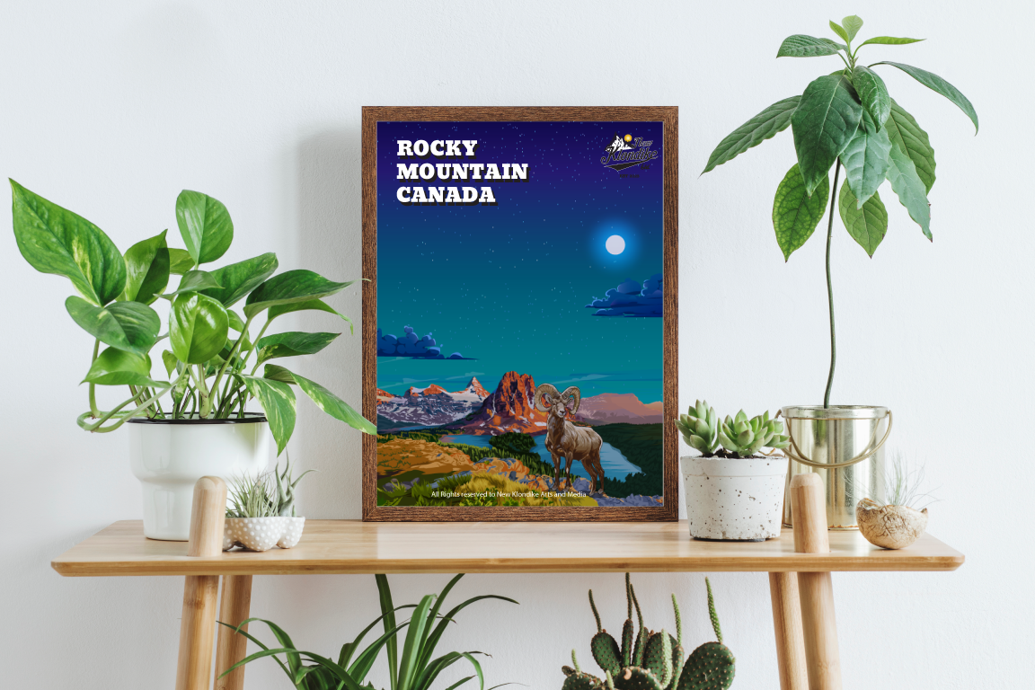 Nighttime art print of a Rocky Mountain Bighorn sheep by New Klondike Arts and Media, 16x24 size, featuring mountain landscape.