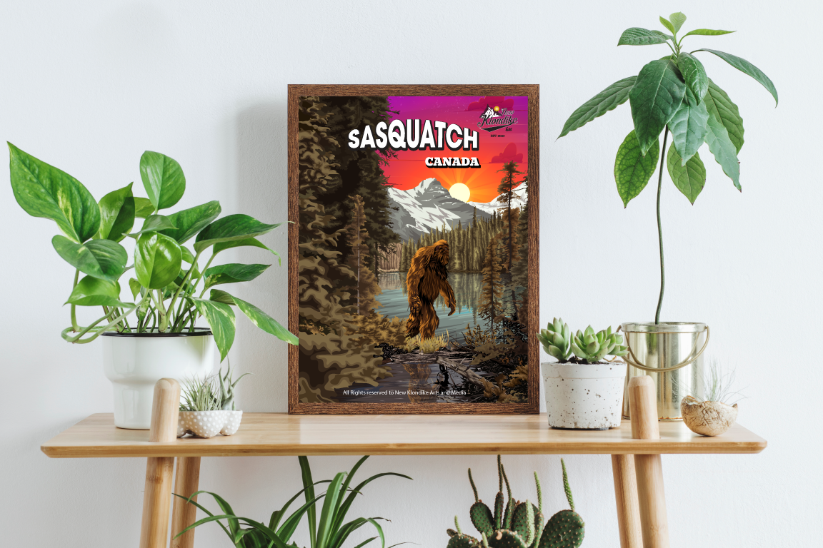Canadian Sasquatch art print by New Klondike Arts showing a Sasquatch silhouette near a lake at sunrise, 16x24 size.