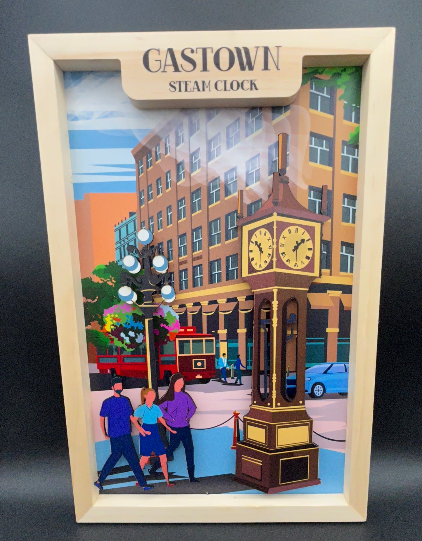Handmade 3D shadow box featuring Gastown Steam Clock design, 12x18 inches, by New Klondike Arts and Media.