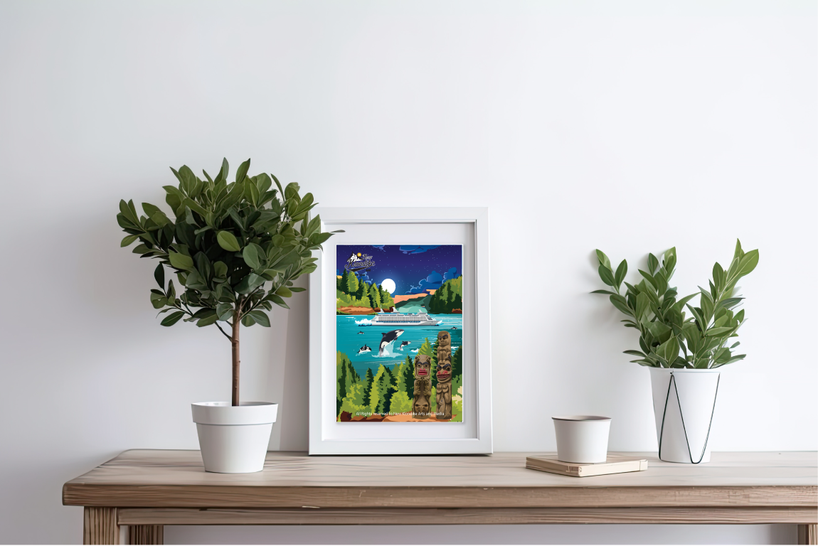 Nighttime art print of British Columbia by New Klondike Arts and Media, featuring scenic landscapes in a 5x7 size.
