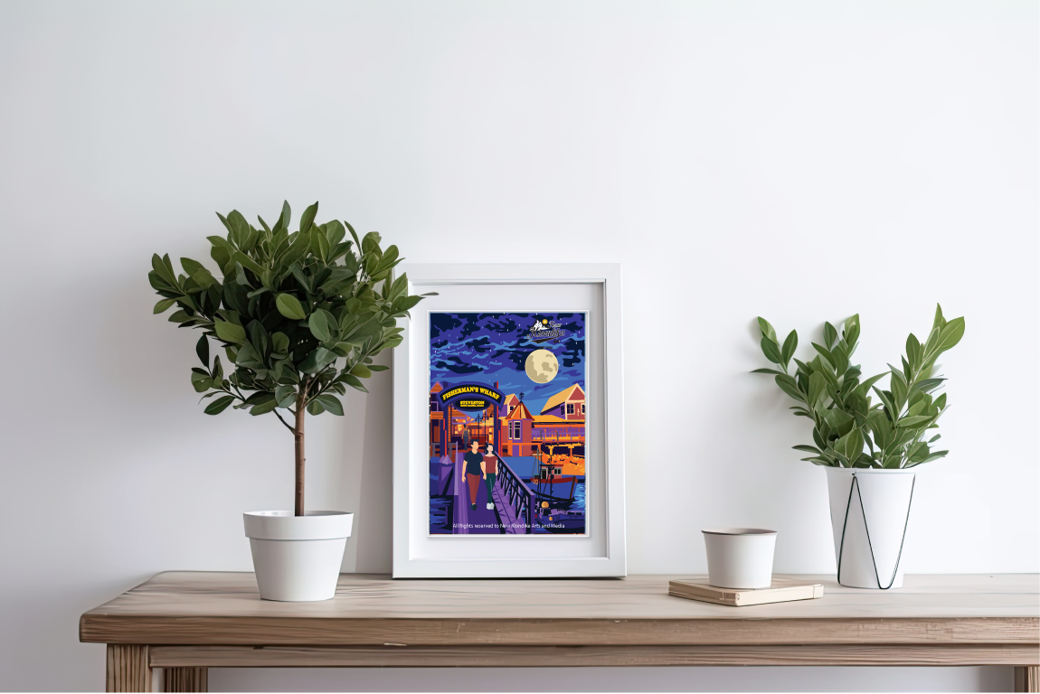 Nighttime art print of Fisherman's Wharf in Richmond, Canada, featuring boats and waterfront scenery by New Klondike Arts and Media.