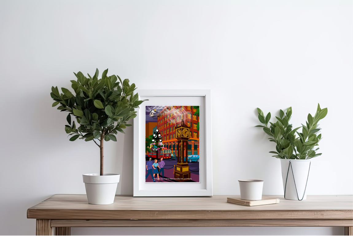 Nighttime art print of Gastown Vancouver in 5x7 size by New Klondike Arts and Media, showcasing historic city streets.
