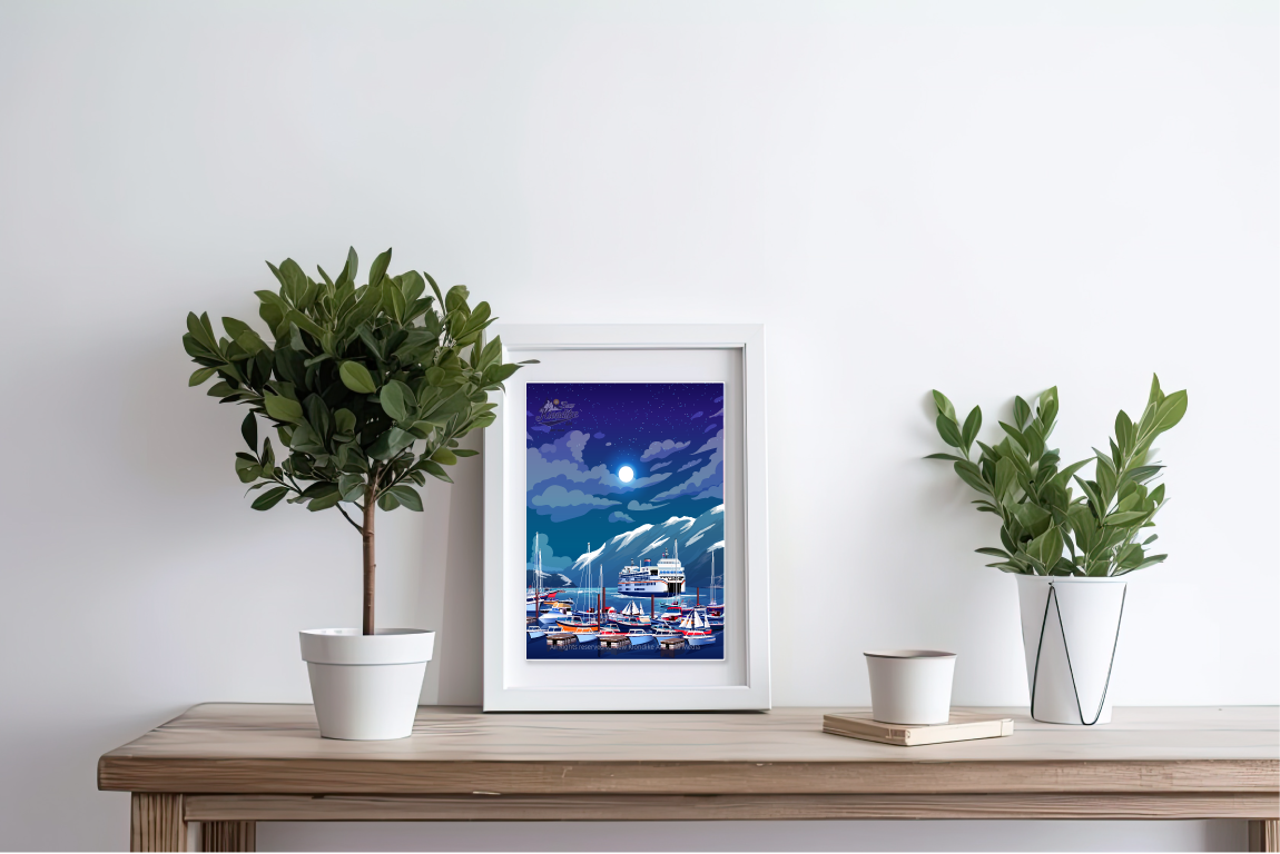 Nighttime art print of Horseshoe Bay in Vancouver, Canada, featuring scenic waterfront views, by New Klondike Arts and Media.