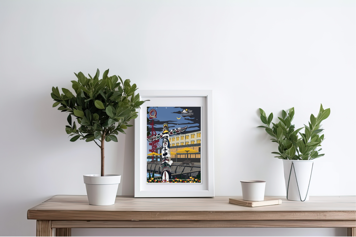 Nighttime art print of Lonsdale Quay Totem in North Vancouver, Canada, by New Klondike Arts and Media, on 5x7 paper.