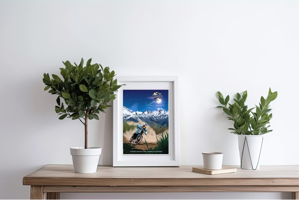 5x7 art print of Whistler Mountain Bike scene at night, by New Klondike Arts and Media, showcasing vibrant mountain landscape artwork
