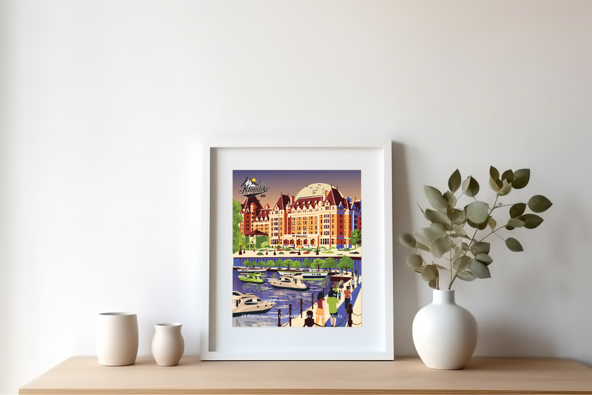 8x10 art print of the Fairmont Empress hotel in Victoria, Canada, by New Klondike Arts and Media, showcasing a nighttime scene.
