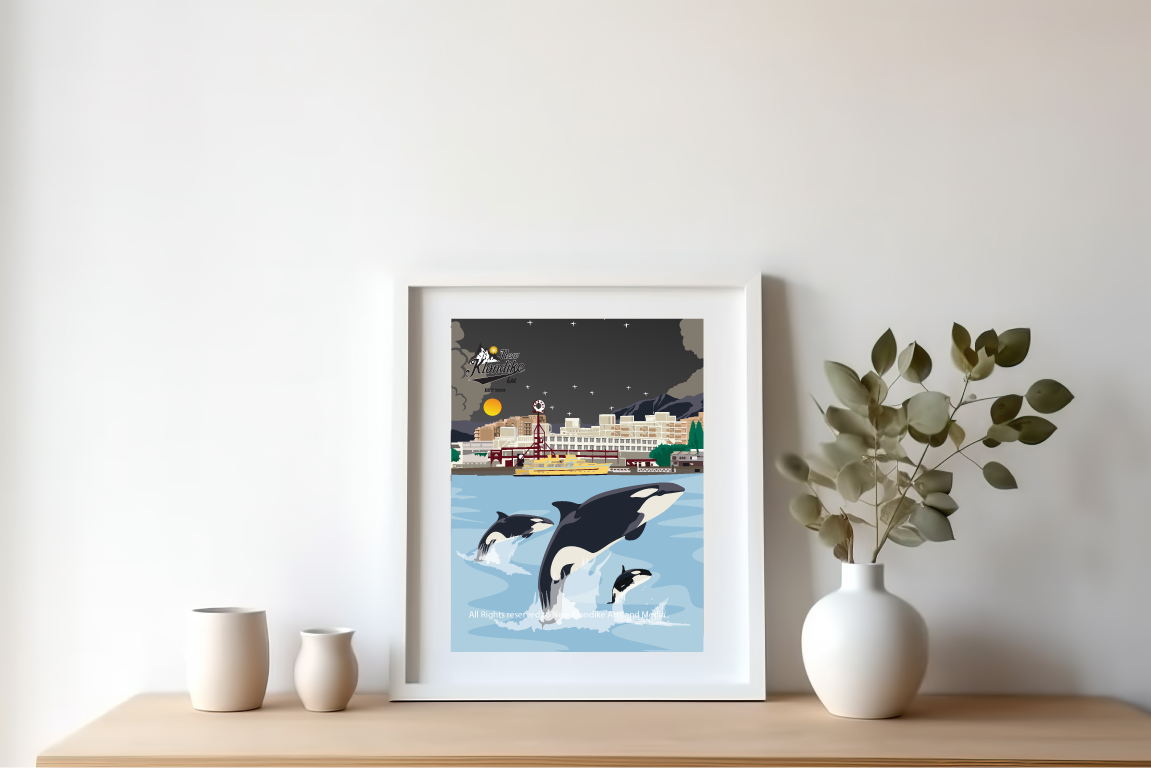 8x10 art print of Lonsdale Quay and orca whale in North Vancouver, Canada, by New Klondike Arts and Media
