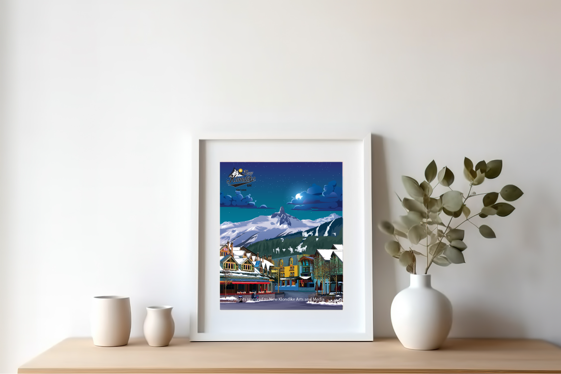 8x10 art print of Whistler at night by New Klondike Arts, showcasing mountain scenery and nighttime sky in vibrant colors.