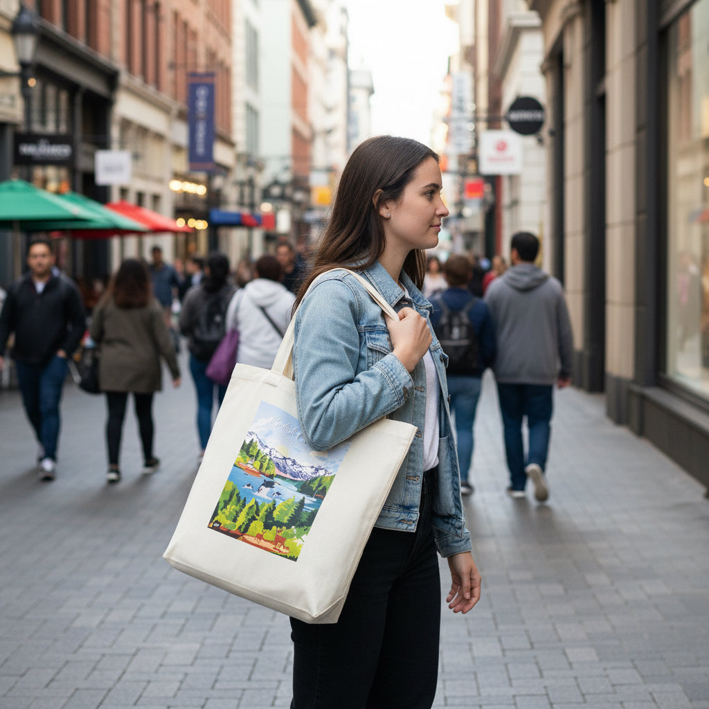 British Columbia-themed tote bag by New Klondike Arts and Media featuring a scenic BC landscape design.