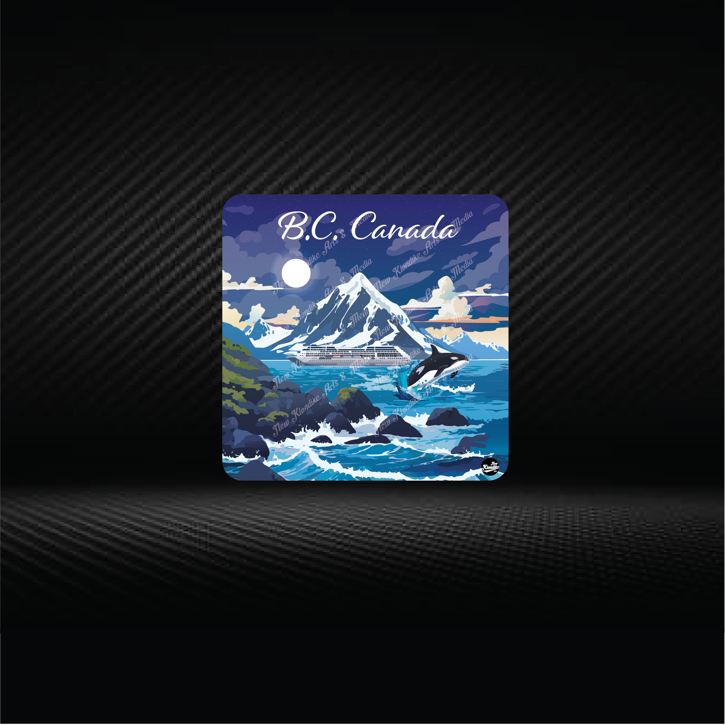 Art coaster featuring an orca design by New Klondike Arts and Media, showcasing a detailed black and white orca illustration.