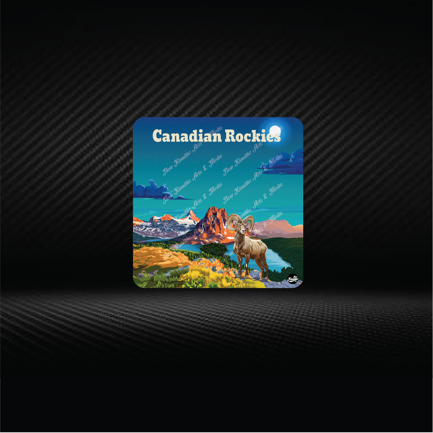 Art coaster featuring Canadian Rocky Big Horn sheep, created by New Klondike Arts and Media, showcasing detailed wildlife artwork.