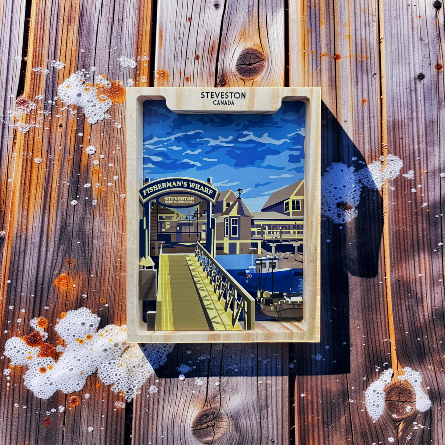 Handmade 5x7 shadow box by New Klondike Arts and Media featuring a fisherman scene in Steveston, Richmond.