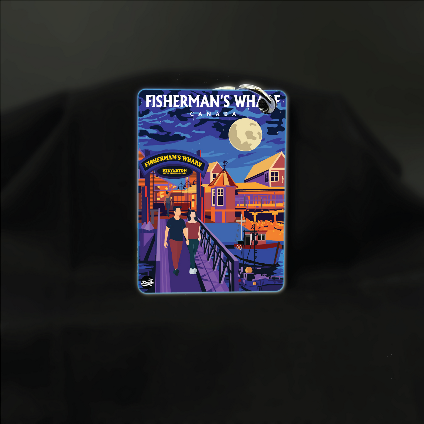 Art key chain featuring Steveston Fisherman's Wharf scene at night, by New Klondike Arts and Media, with detailed maritime design.