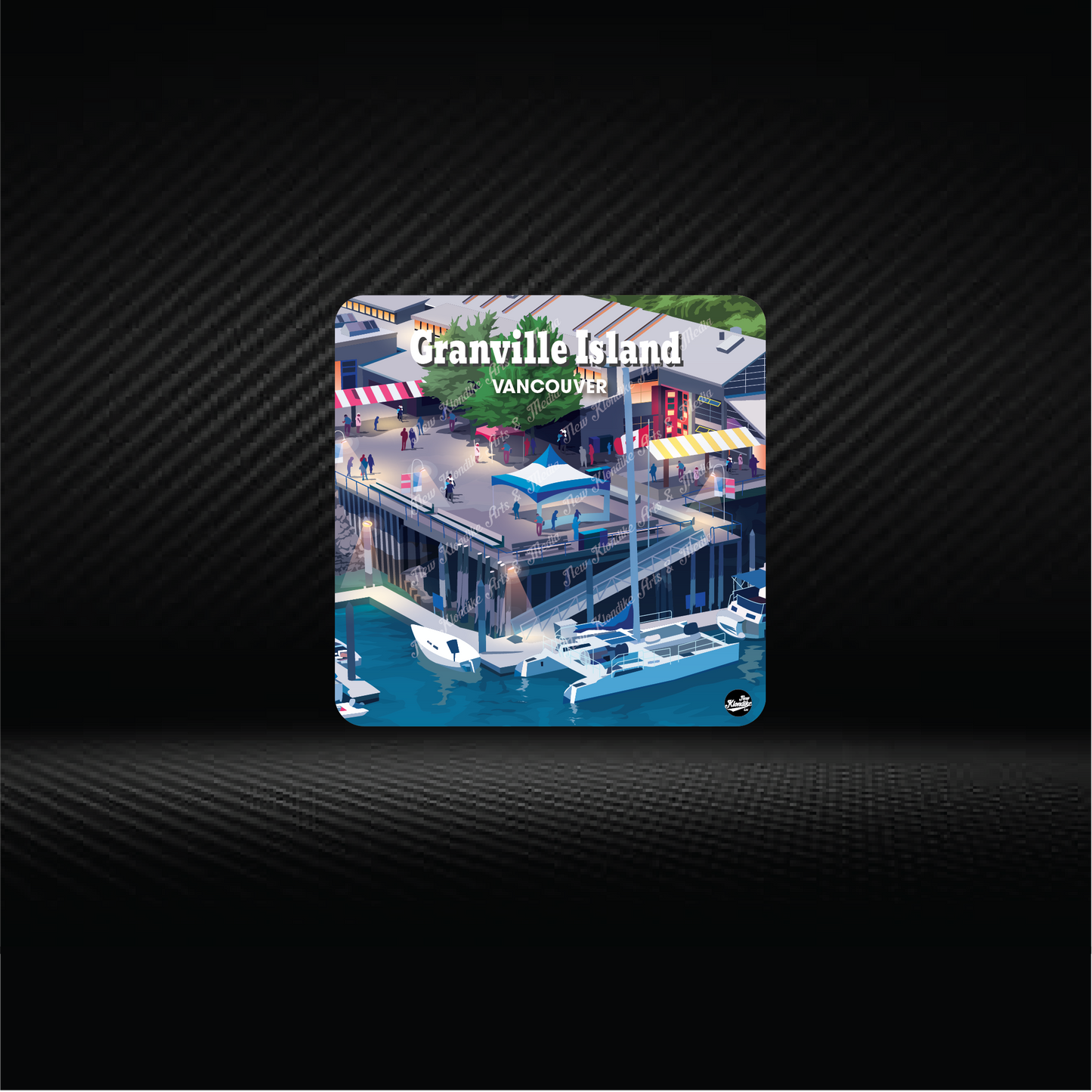 Art coaster featuring a Vancouver Granville Island scene, designed by New Klondike Arts and Media.