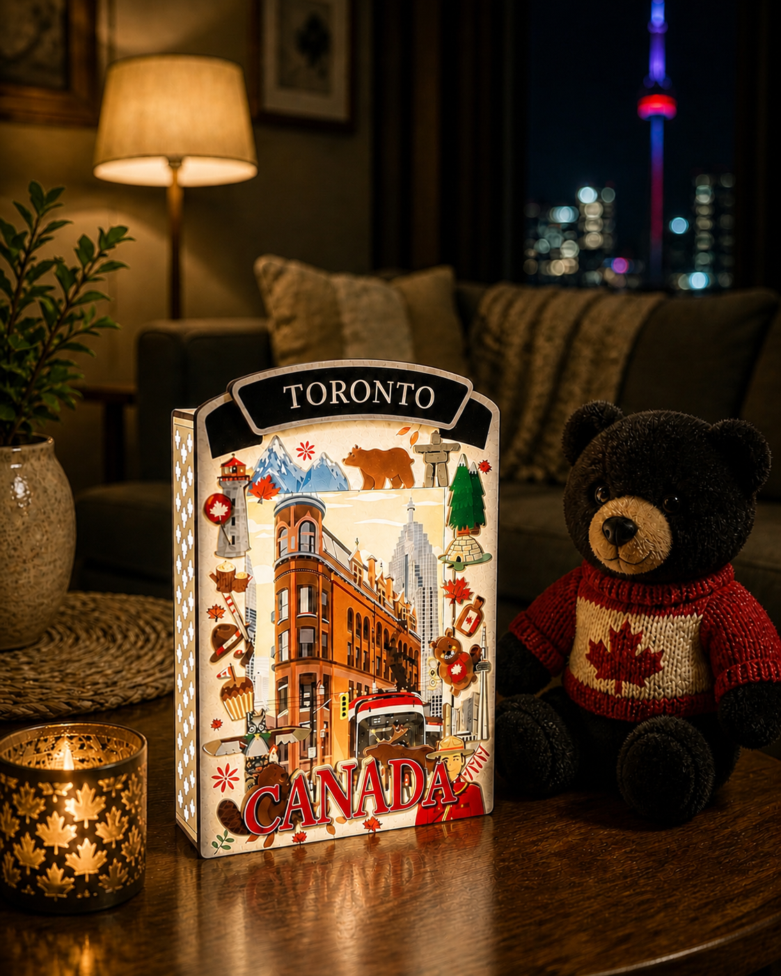 Light Up Shadow Box featuring a Toronto street car, by New Klondike Arts and Media, with illuminated cityscape design.