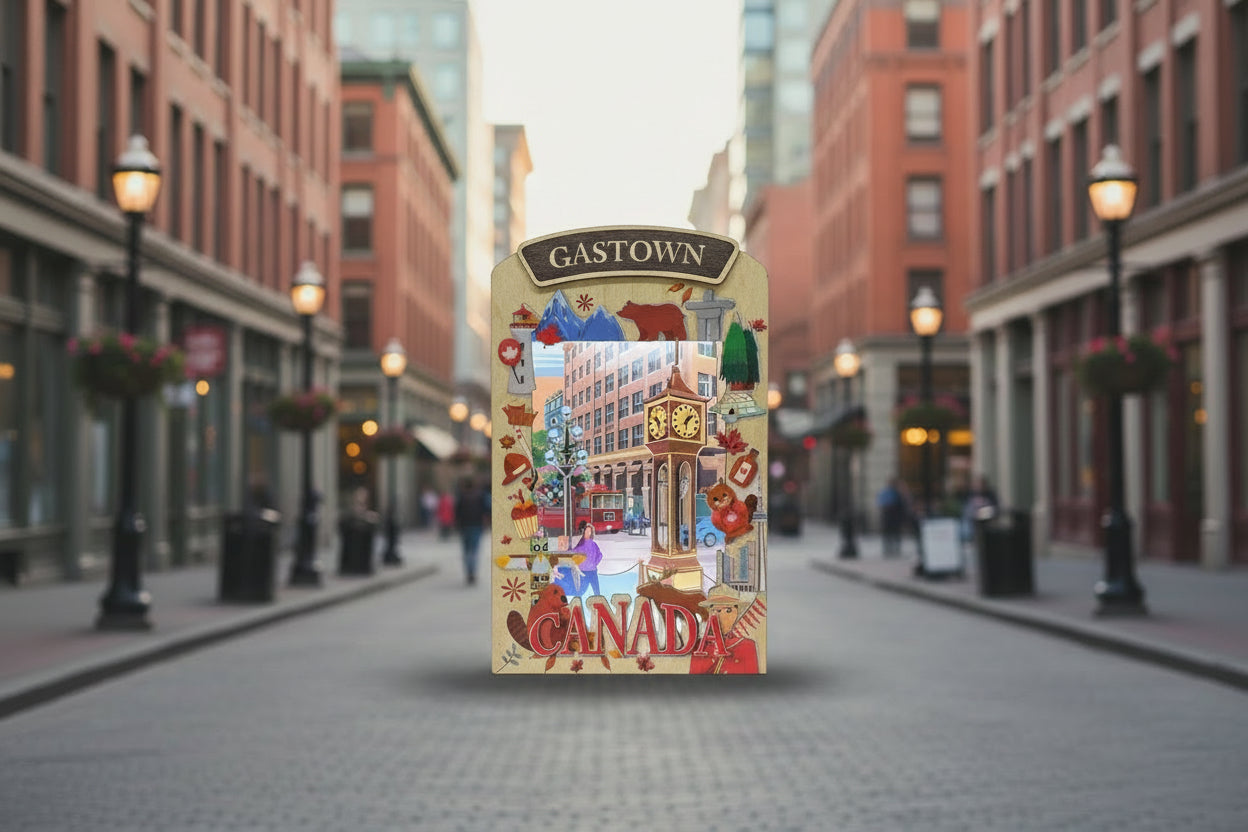 Light Up Shadow Box featuring Gastown scene by New Klondike Arts and Media, illuminated display with vibrant details.