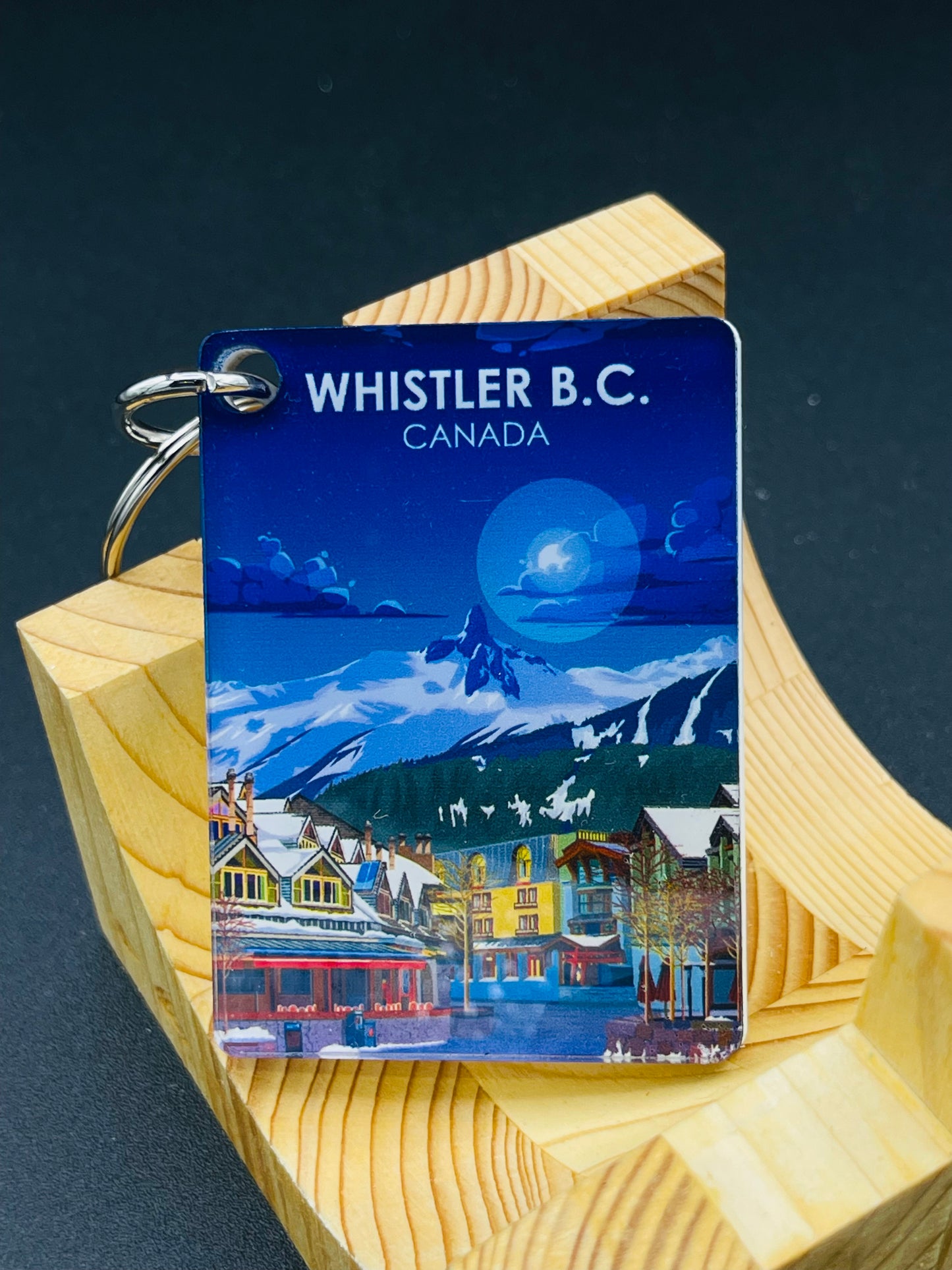 Art key chain featuring Whistler Village scene in Vancouver, Canada, by New Klondike Arts and Media.