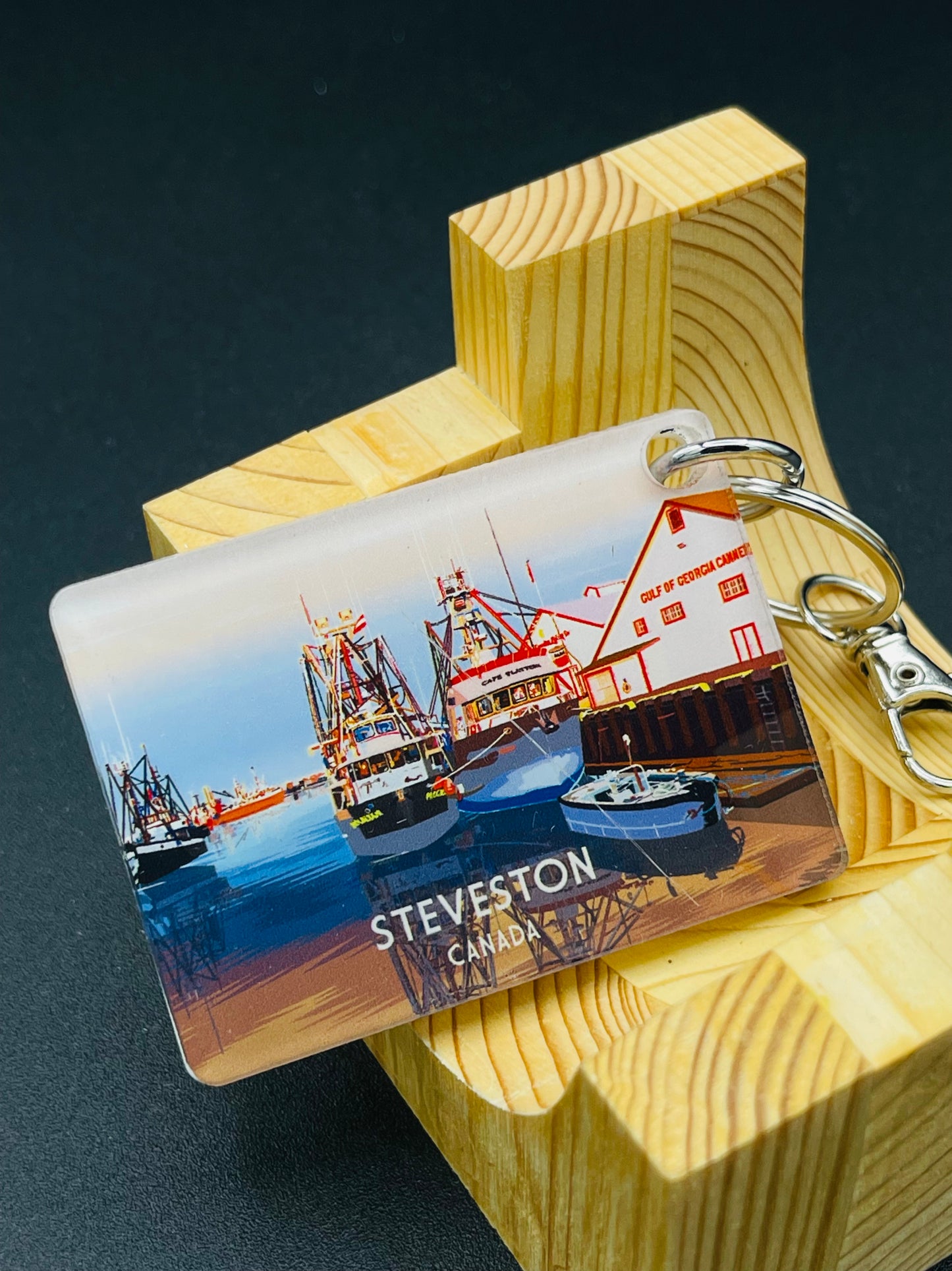 New Klondike Arts and Media Art Key Chain featuring Steveston, Richmond, Canada, with colorful design and detailed imagery.