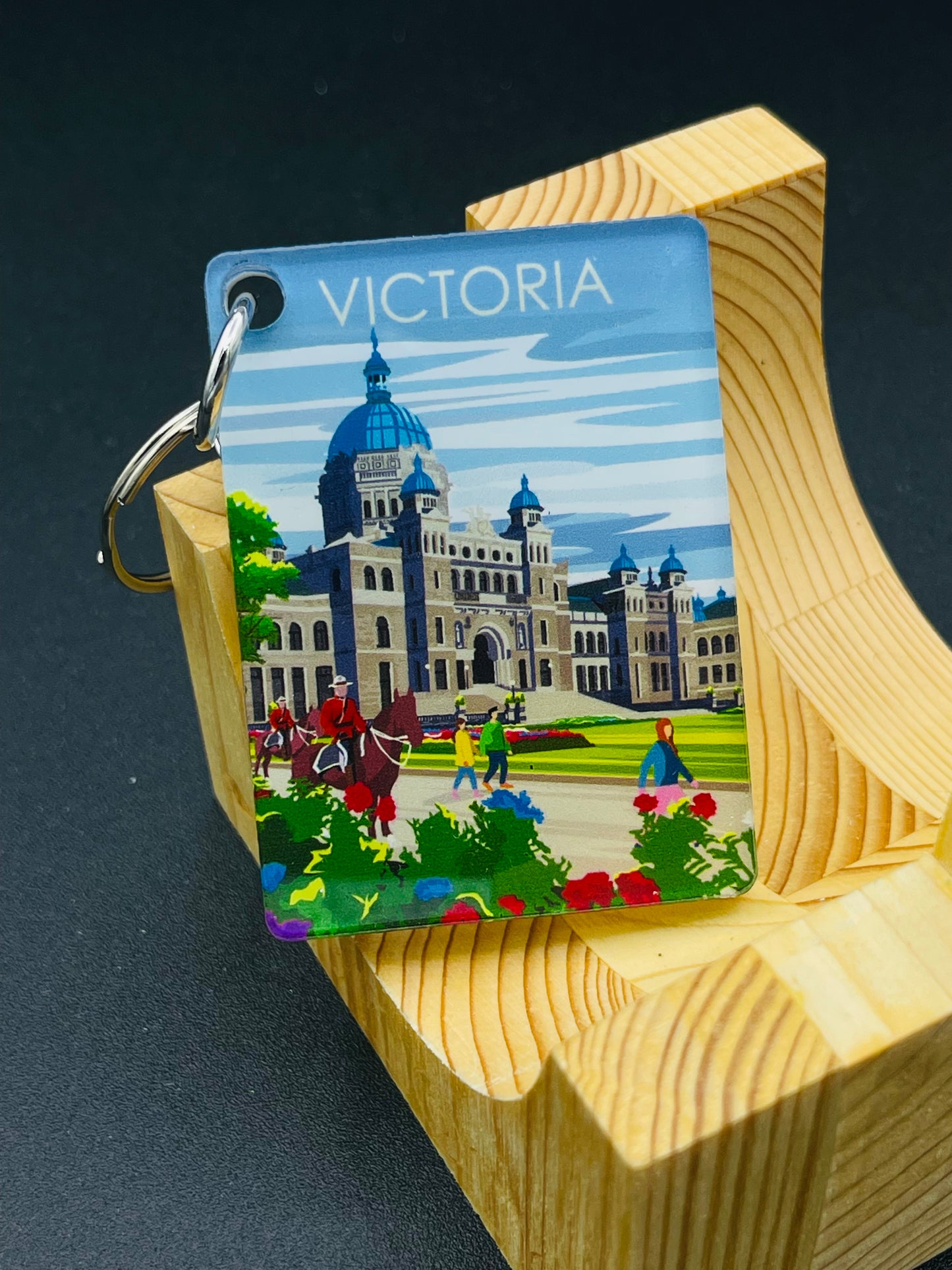Art key chain featuring detailed miniature of Victoria Parliament Buildings in Victoria, Canada, by New Klondike Arts and Media.