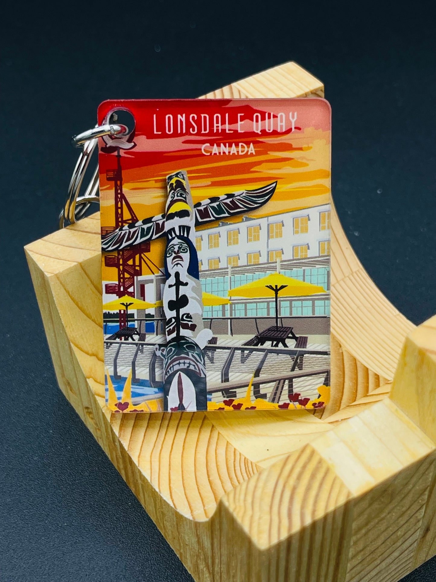 Colorful Lonsdale Quay Totem key chain by New Klondike Arts and Media featuring Vancouver, Canada, design on metal key ring.