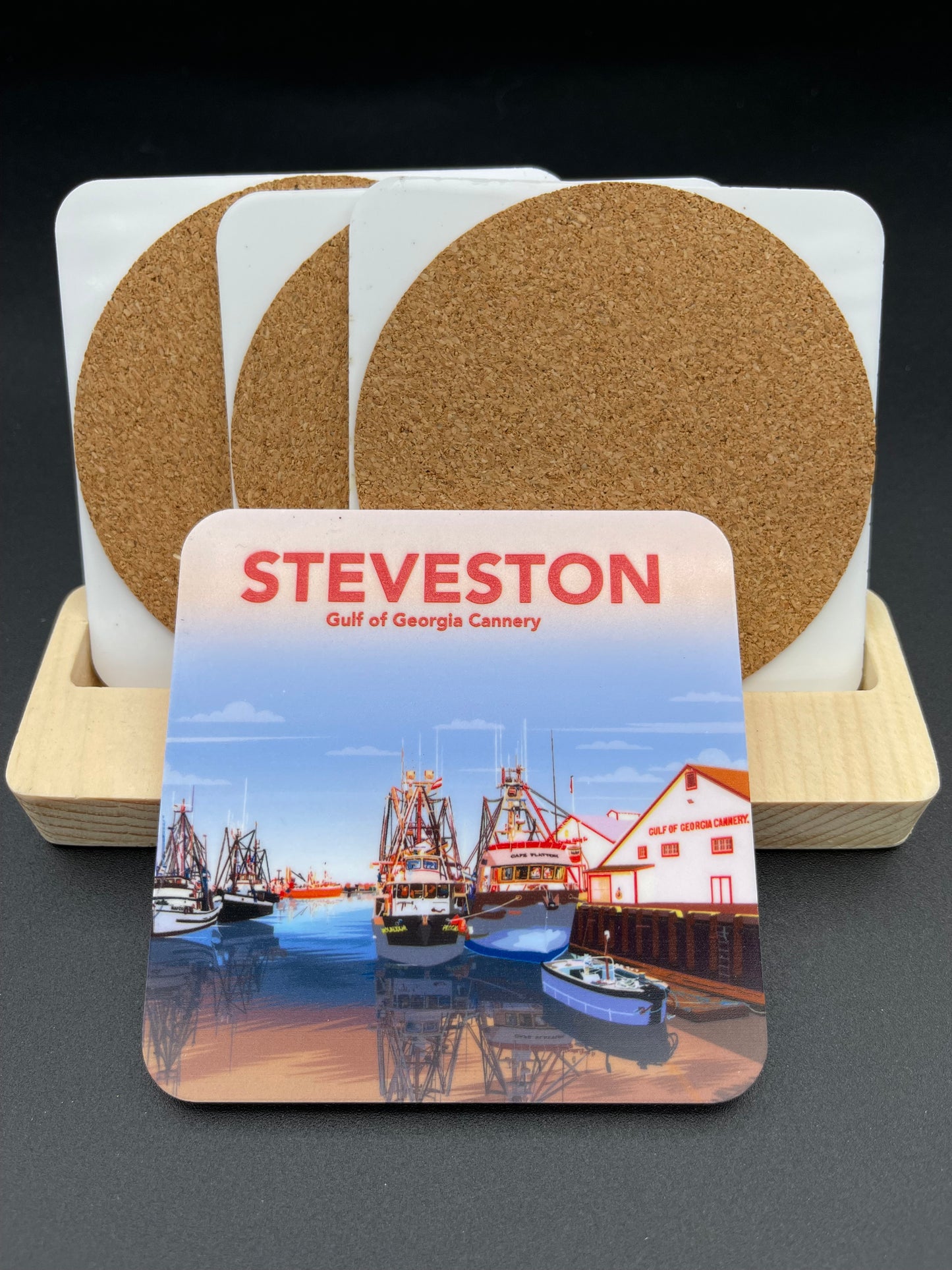 Art coaster featuring Steveston Gulf of Georgia Cannery scene, by New Klondike Arts and Media, showcasing a colorful coastal image.