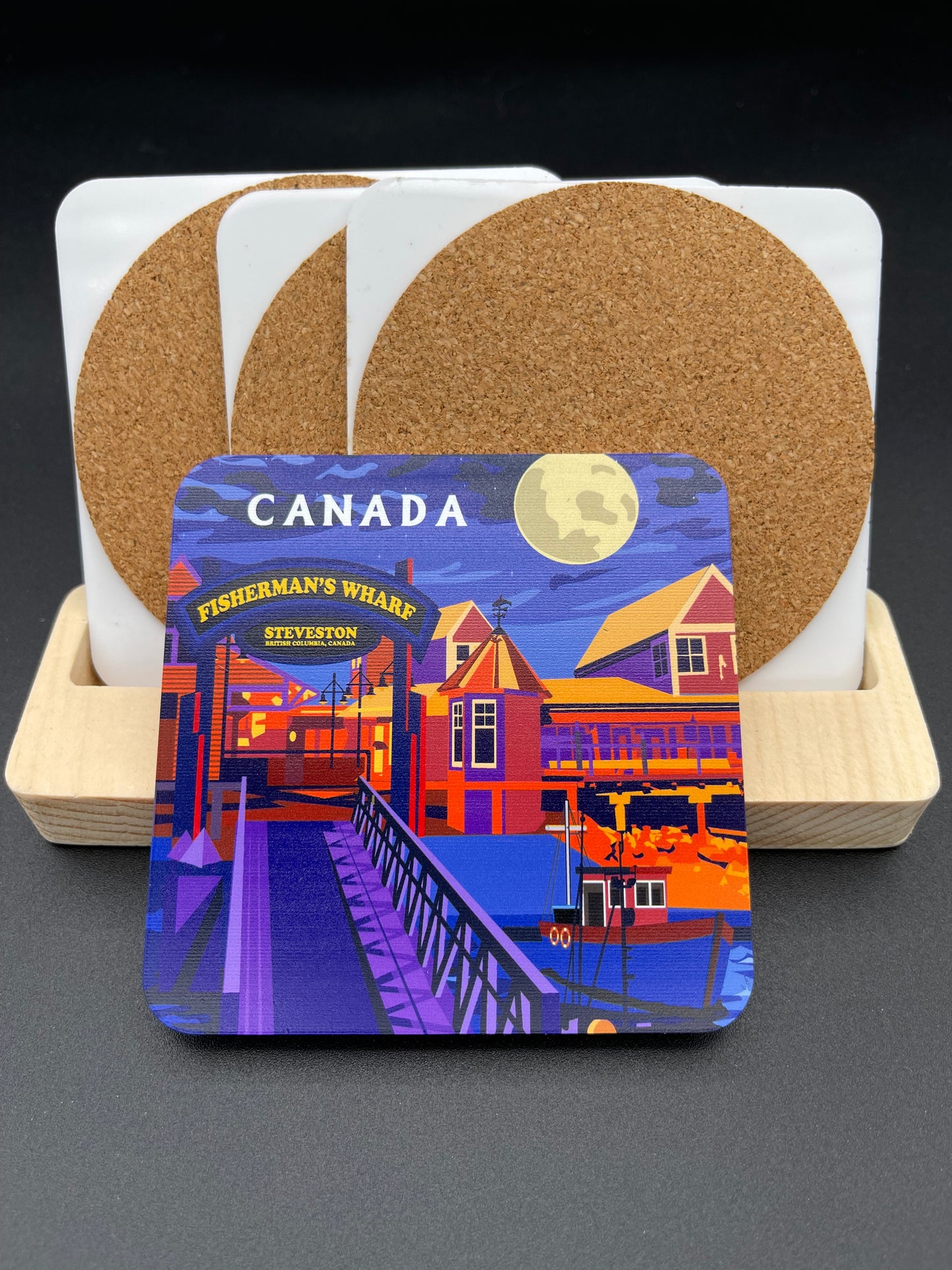 Art coaster featuring Steveston Fisherman's Wharf in Richmond, Canada, by New Klondike Arts and Media.