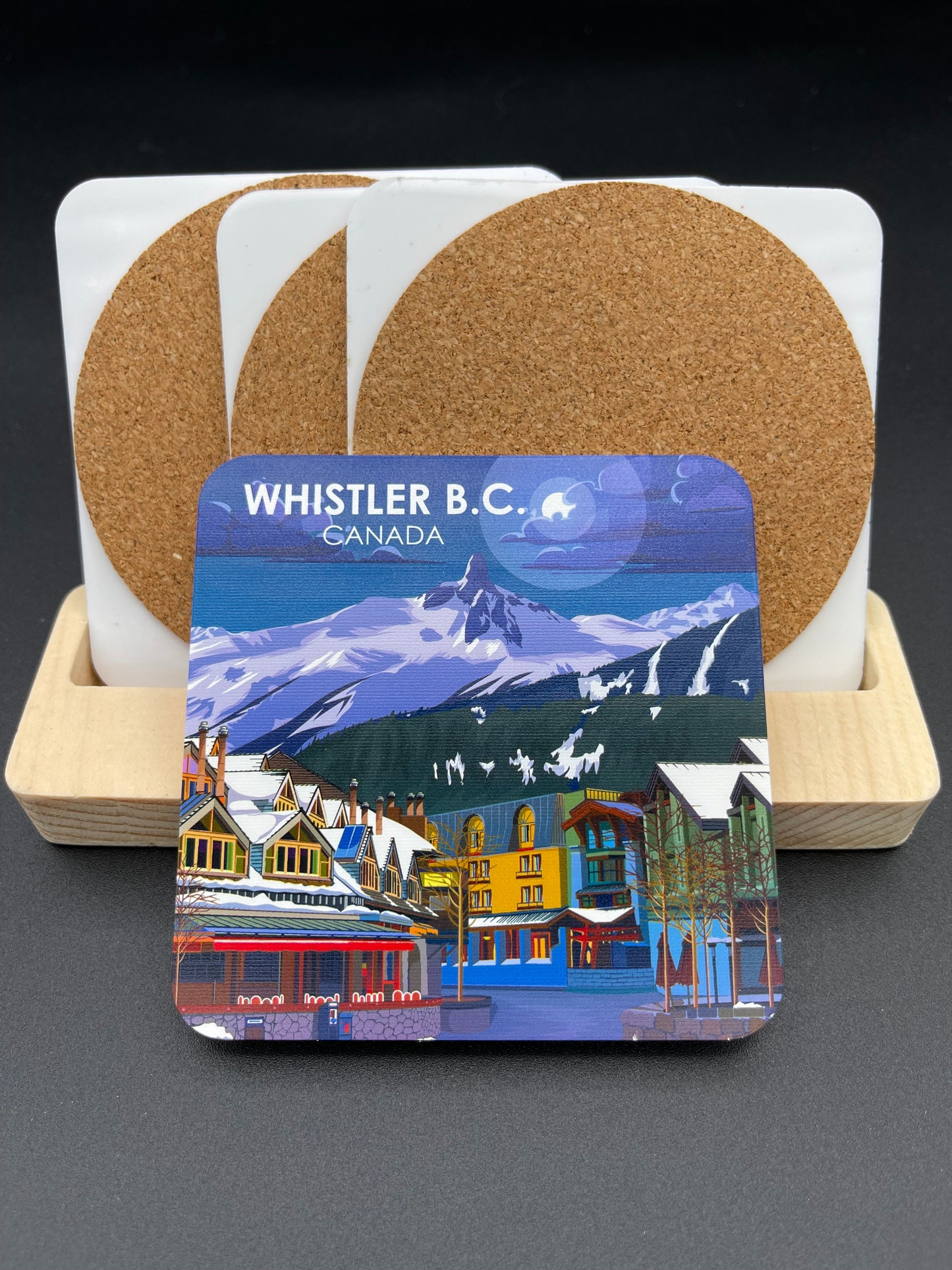 Art coaster featuring a scenic Whistler and Vancouver, Canada design by New Klondike Arts and Media, 4.25x4.25 inches.