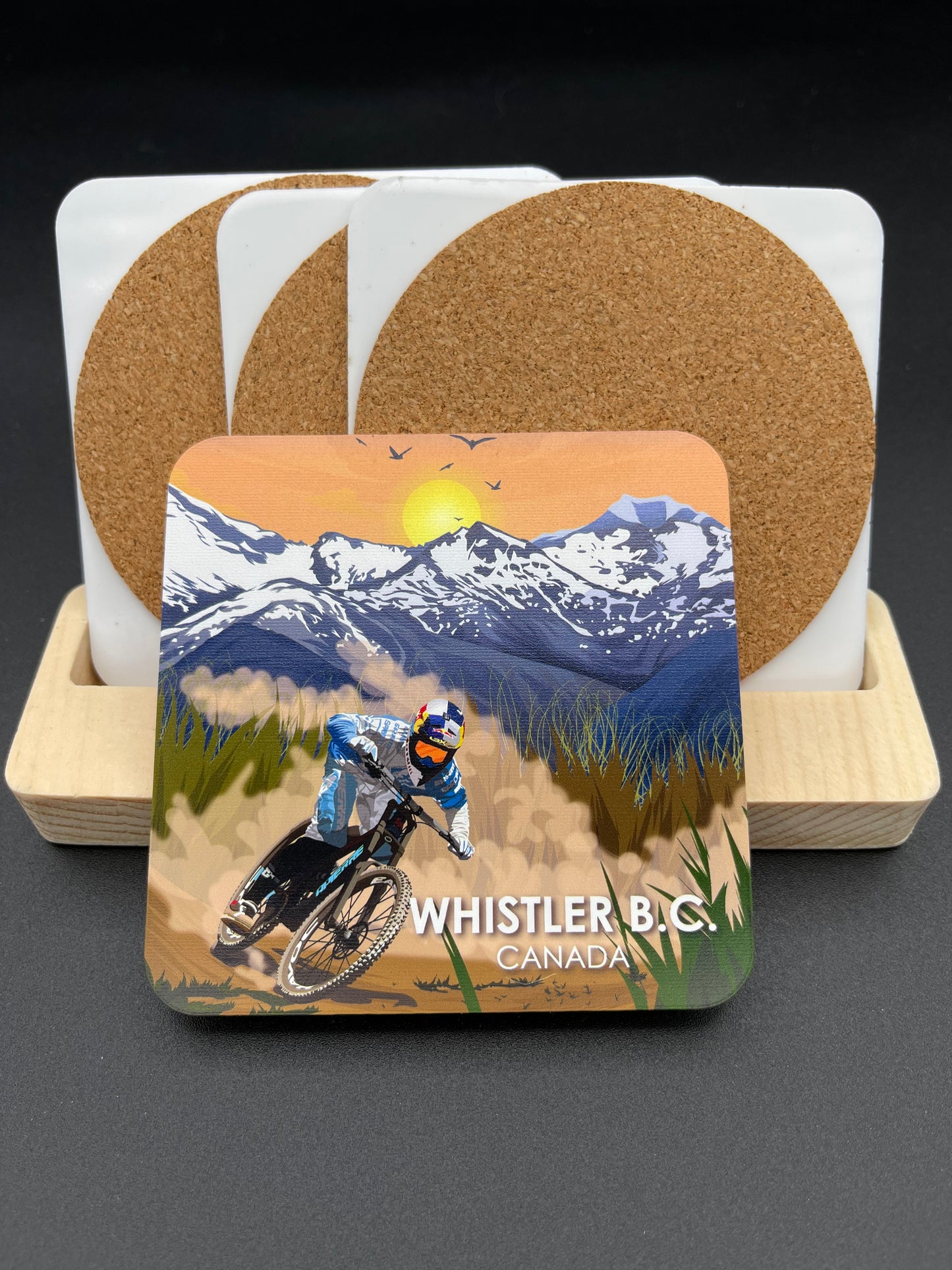 Art coaster featuring Whistler Mountain Bike scene from Vancouver, Canada, by New Klondike Arts and Media.