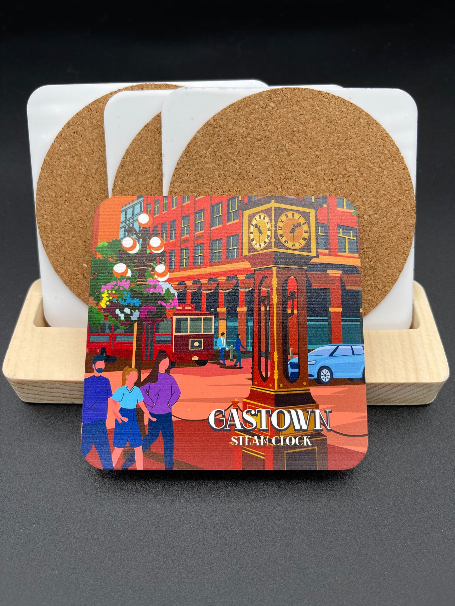 Art coaster featuring Gastown and Downtown Vancouver scene by New Klondike Arts and Media, showcasing vibrant city views.