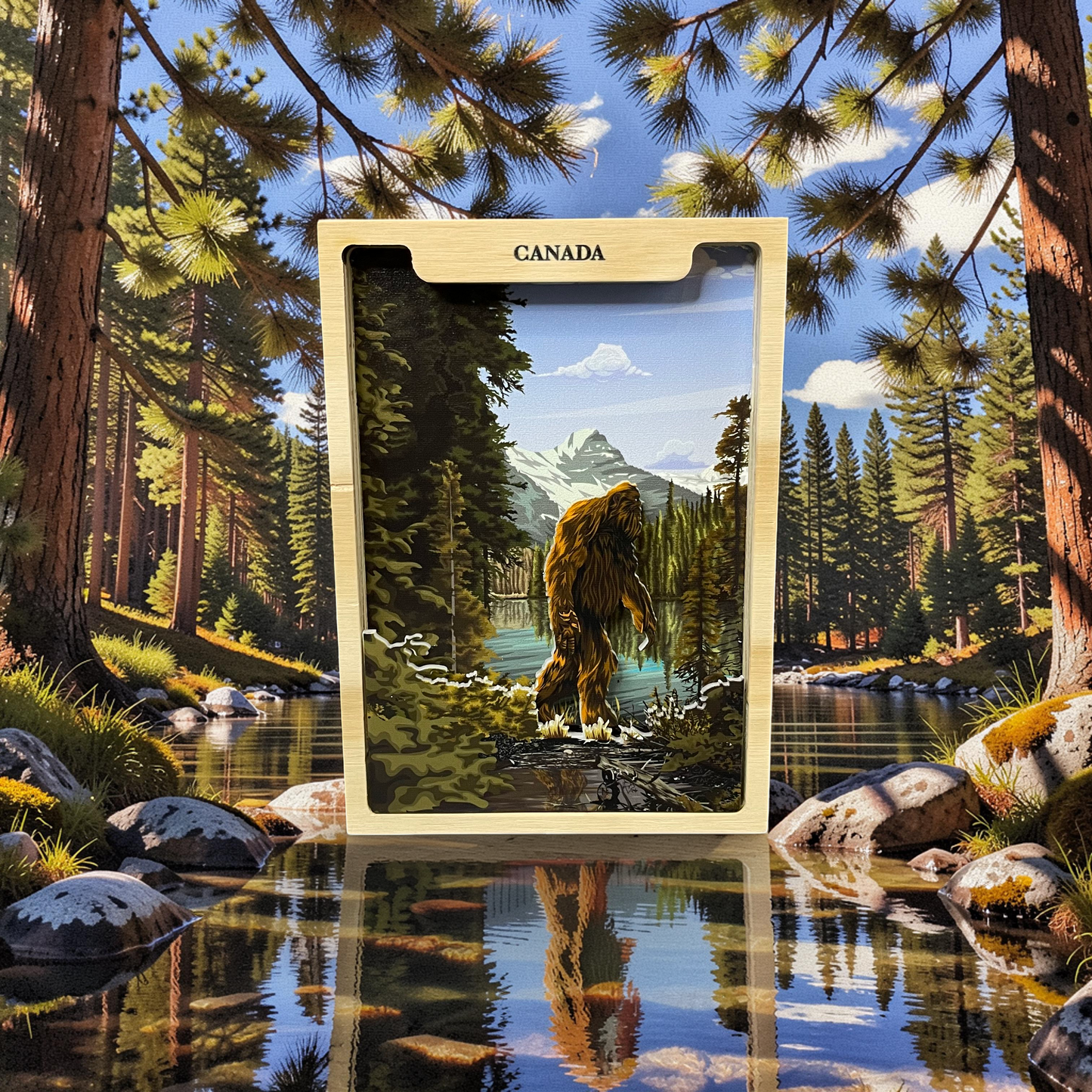Handmade Sasquatch shadow box display by New Klondike Arts and Media, featuring detailed woodland-themed art and craft elements.