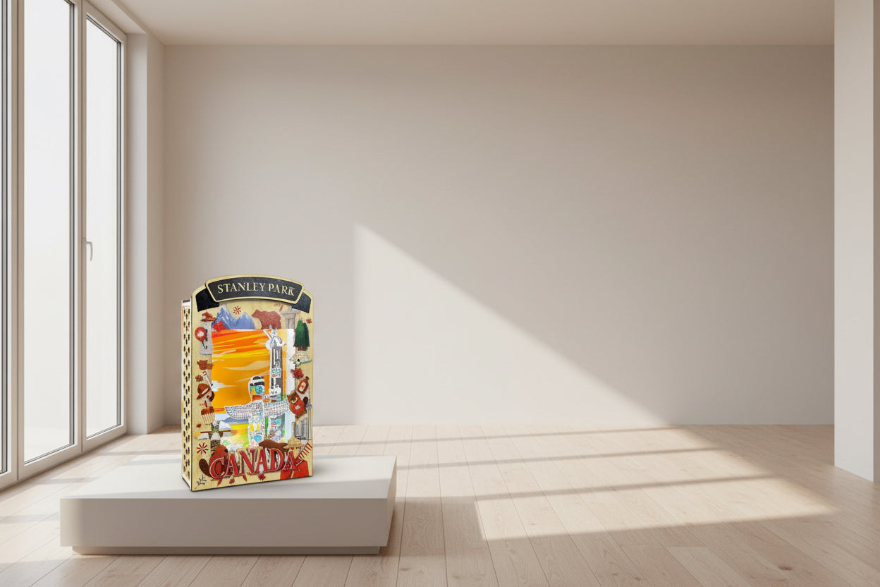 Light up shadow box featuring Stanley Park scene by New Klondike Arts and Media, with illuminated details and vibrant design.