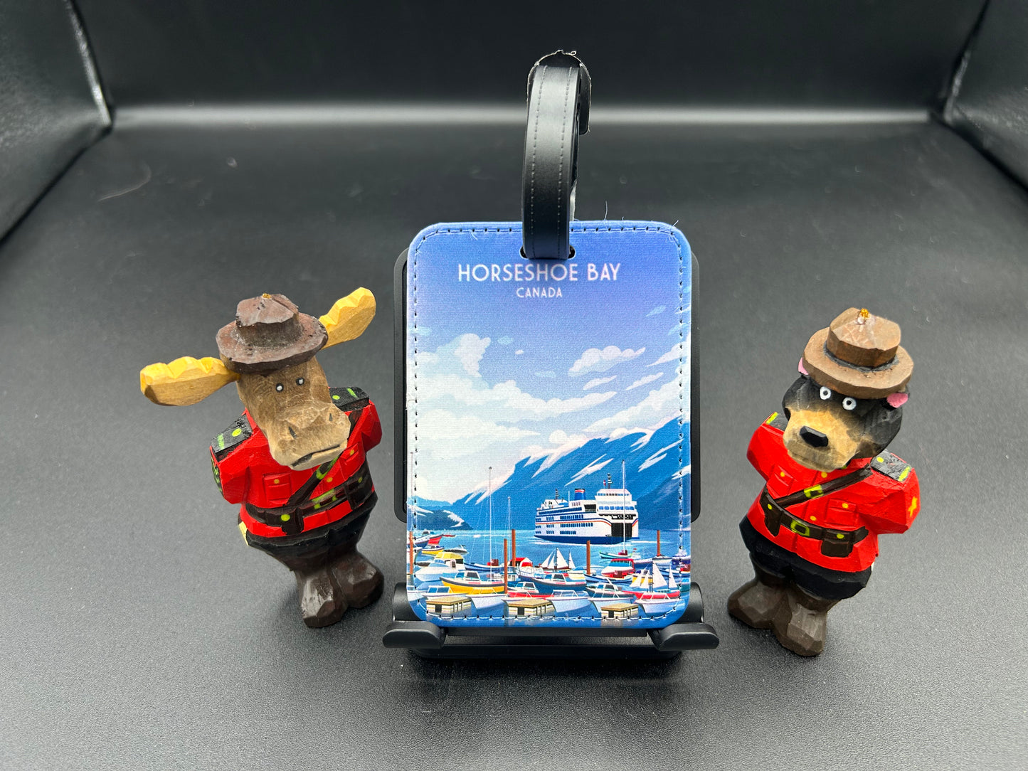 Colorful Whistler Village luggage tag by New Klondike Arts and Media, featuring Vancouver, Canada travel scenery.