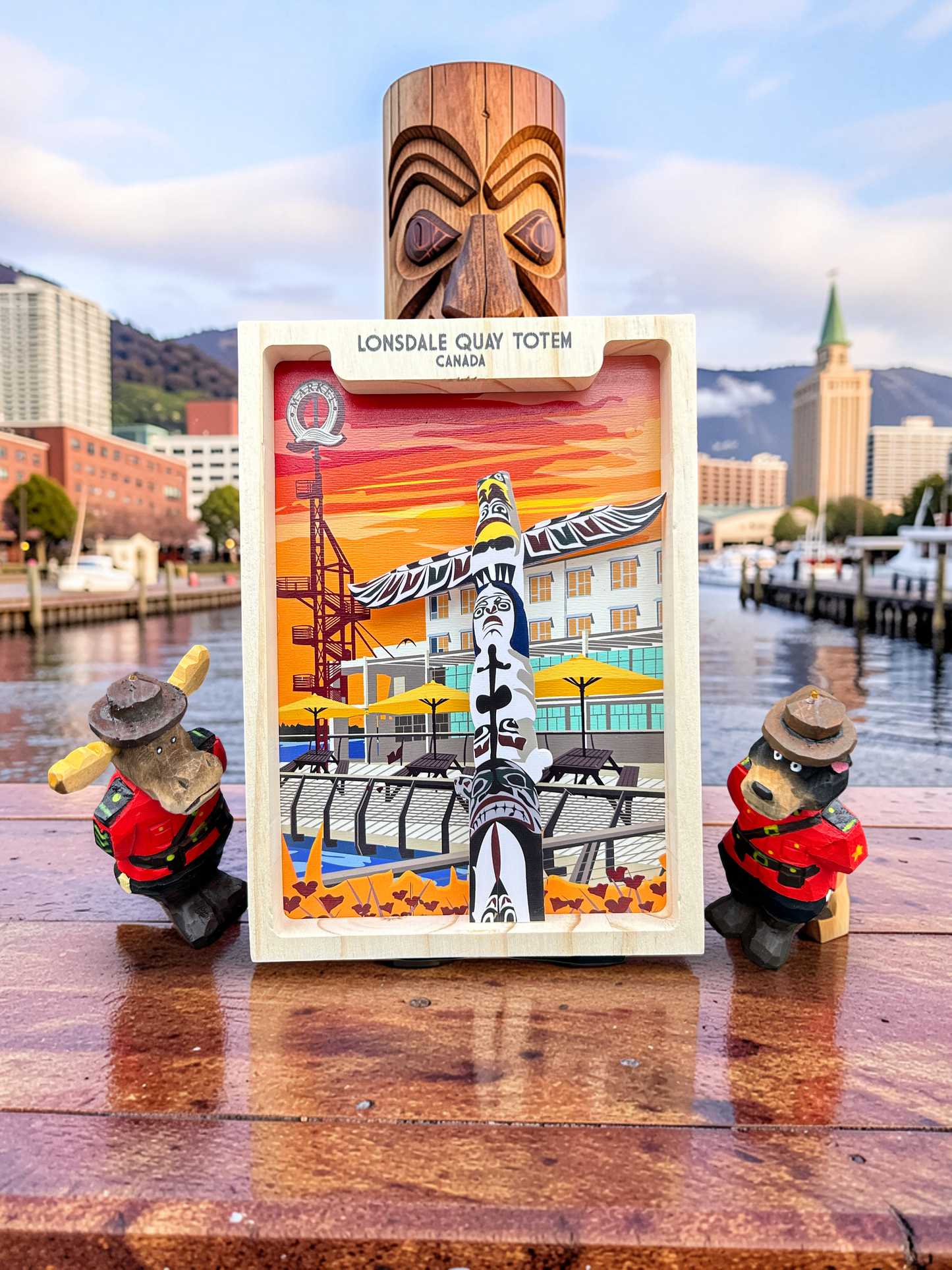 Handmade Lonsdale Quay totem shadow box by New Klondike Arts and Media, 5x7 inches, featuring detailed craft and vibrant design.