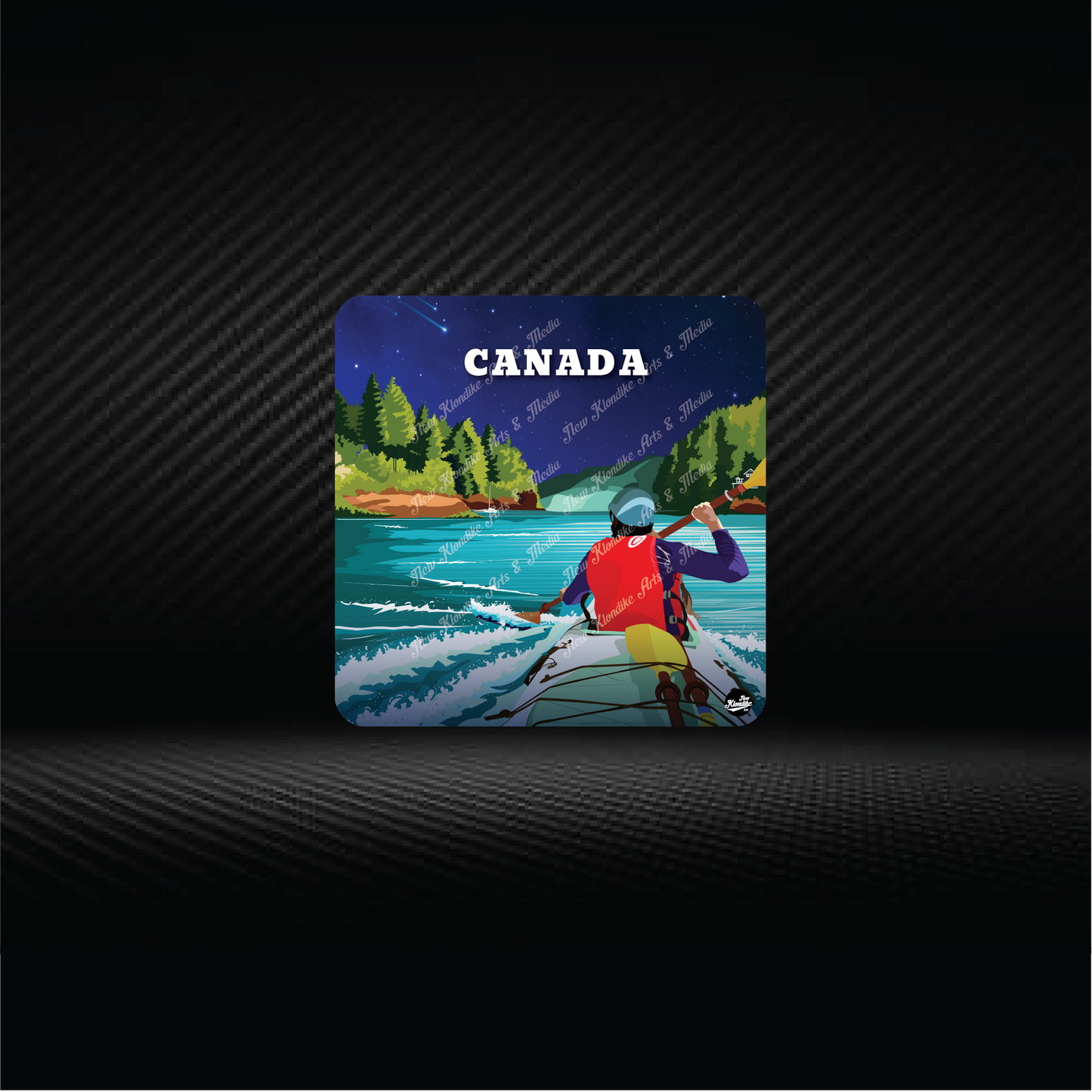coaster depicting kayaking scene in Canada, produced by New Klondike Arts and Media, featuring vibrant outdoor imagery.