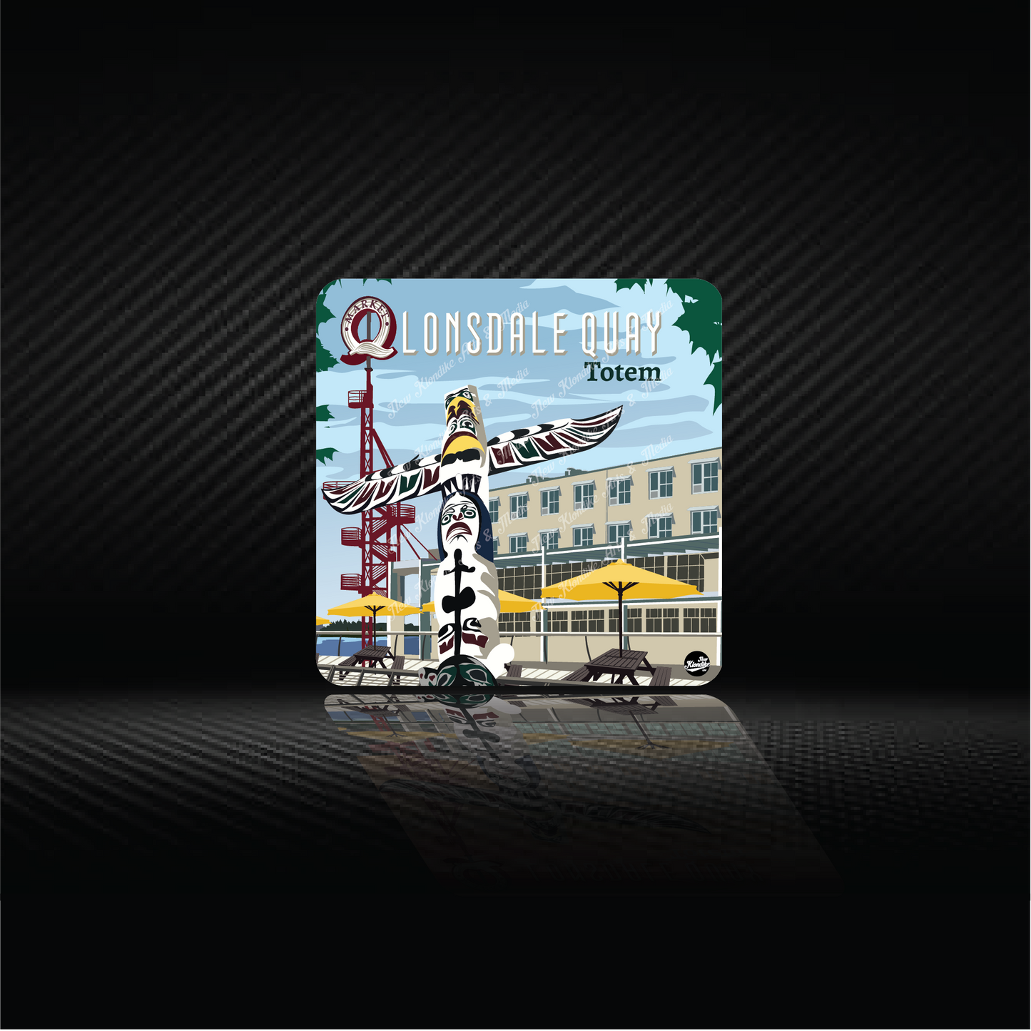 Art coaster featuring the Lonsdale Quay Totem pole in Vancouver, Canada, by New Klondike Arts and Media, 4.25x4.25 inches