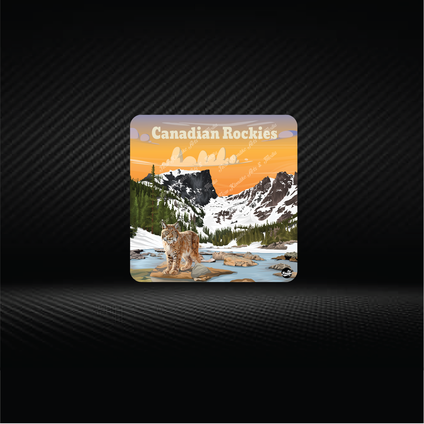 Art coaster featuring a Canadian lynx illustration by New Klondike Arts and Media, showcasing detailed animal artwork on a square coaster
