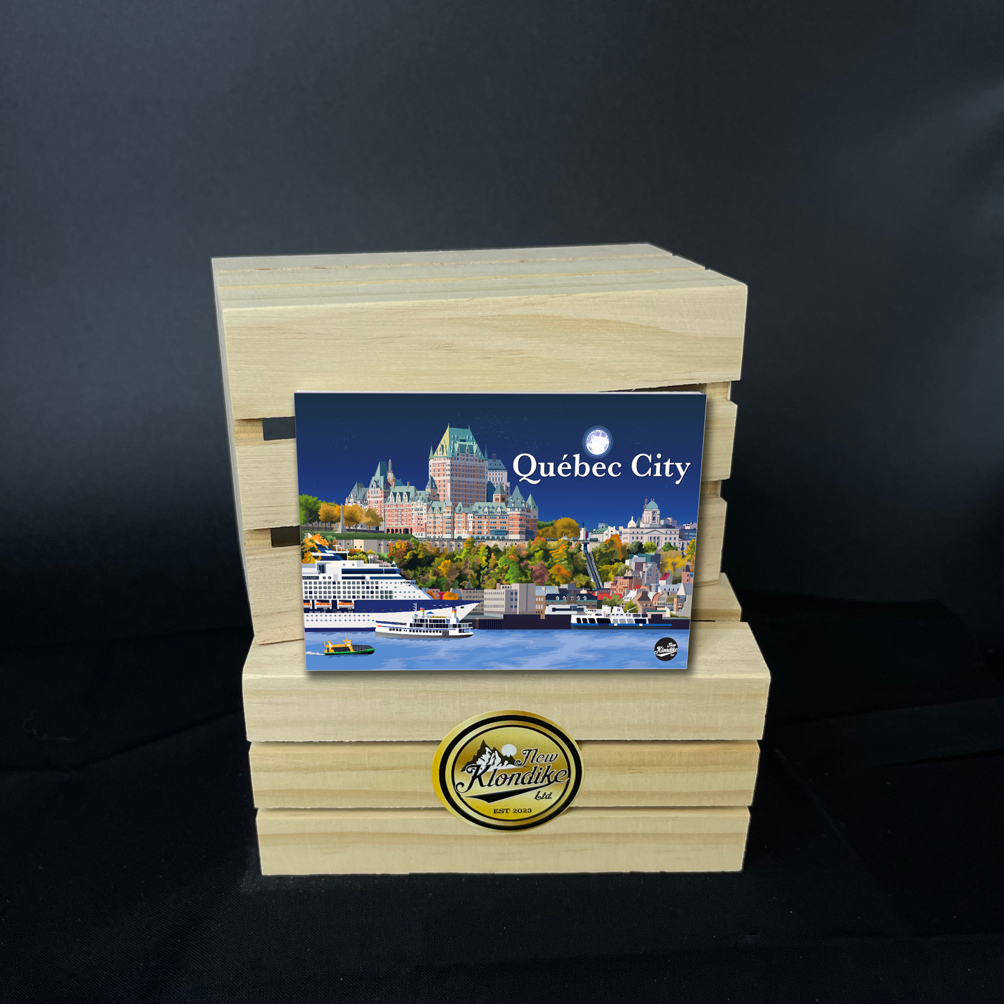 Large Quebec City fridge magnet by New Klondike Arts, featuring iconic Old Quebec City landmarks and scenic views.