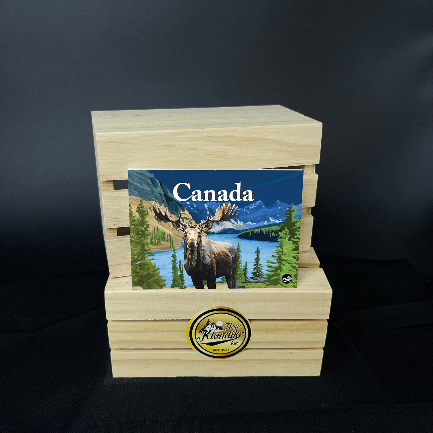 Large Canadian Rockies Moose fridge magnet from New Klondike Arts and Media, featuring a detailed moose illustration.