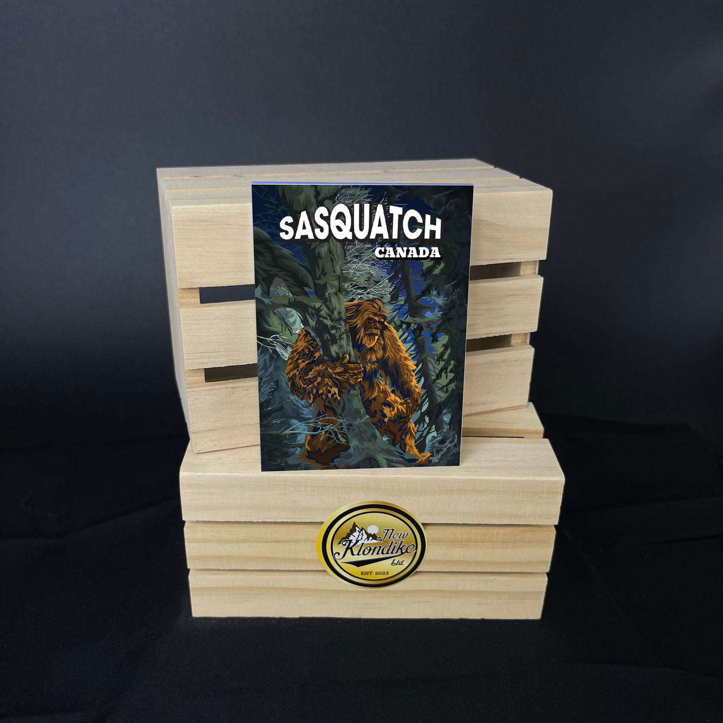 Large Sasquatch forest fridge magnet from New Klondike Arts and Media, featuring a scenic forest background in Canada.