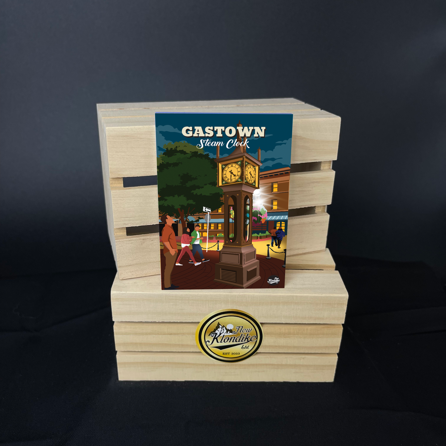 Large Gastown Steam Clock fridge magnet from New Klondike Arts and Media, showcasing Vancouver’s iconic landmark.