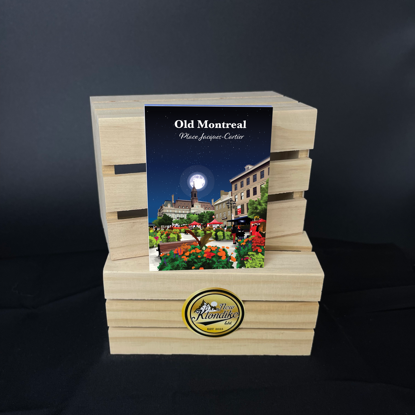 Large Old Montreal Canada fridge magnet by New Klondike Arts and Media, featuring a detailed cityscape image.