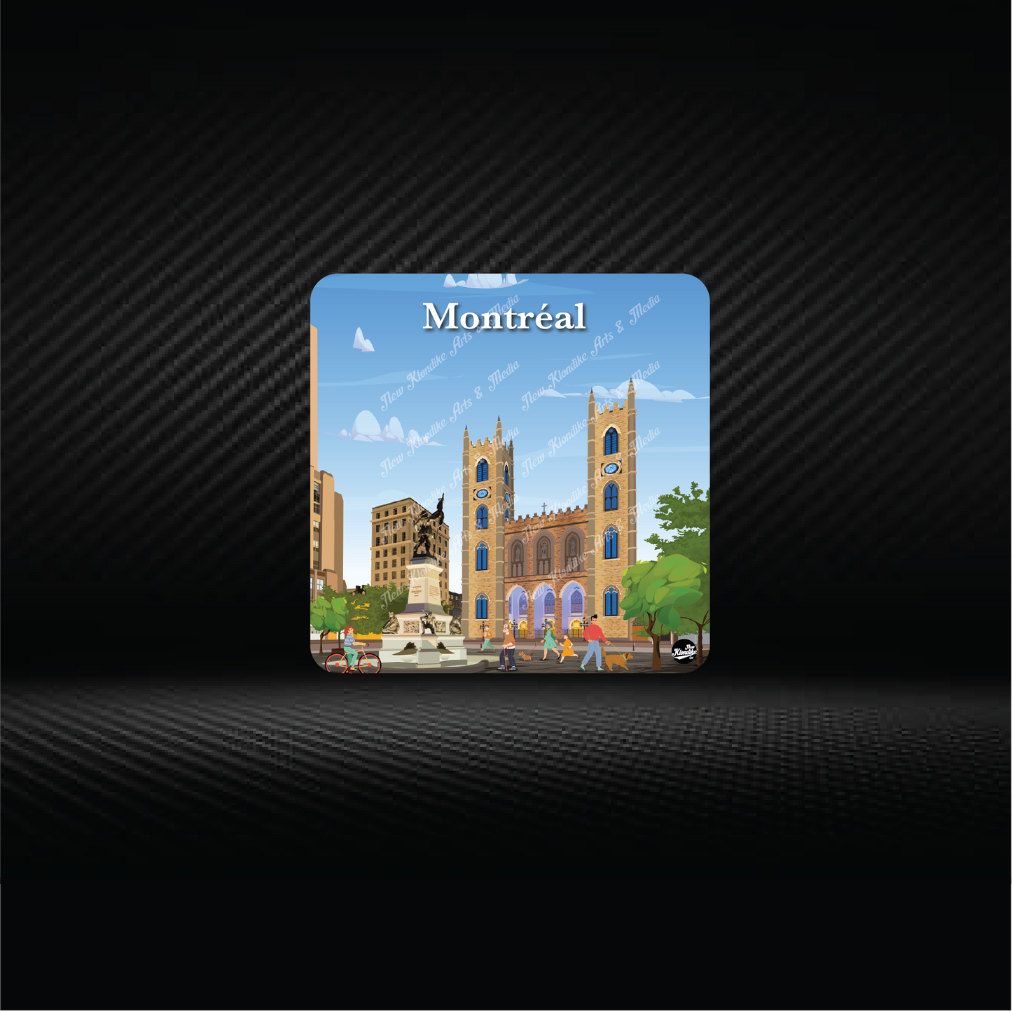 Art coaster featuring a Montreal cityscape design by New Klondike Arts and Media, showcasing vibrant urban artwork.