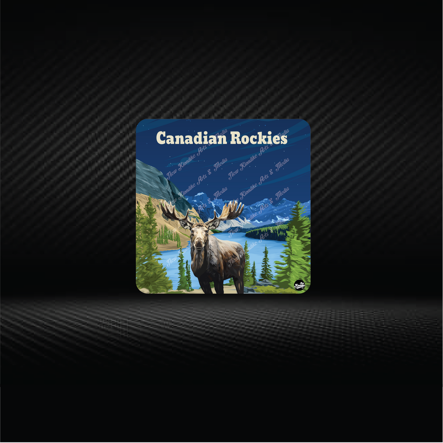Art coaster featuring a Canadian Rocky Moose illustration by New Klondike Arts and Media, showcasing a detailed moose design.
