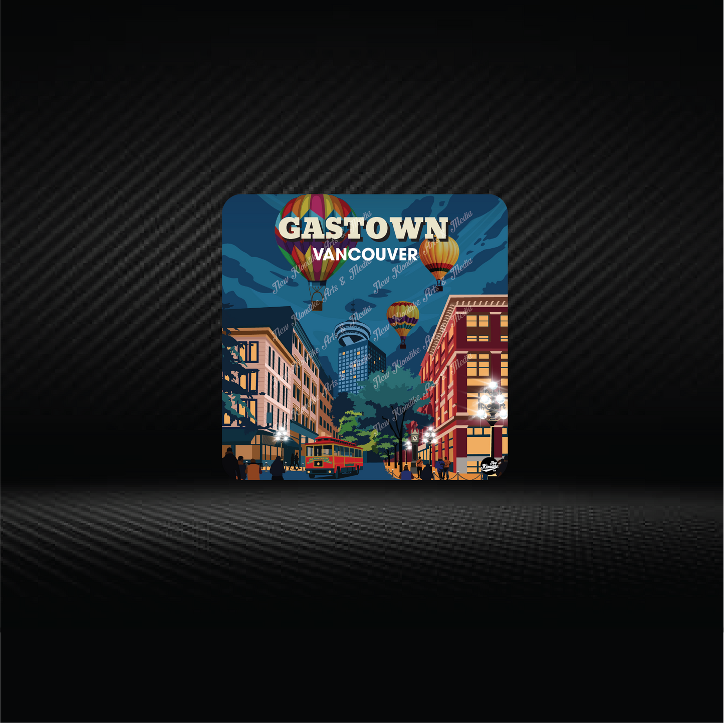 Art coaster featuring Gastown and Harbour Centre in Vancouver, Canada, by New Klondike Arts and Media.