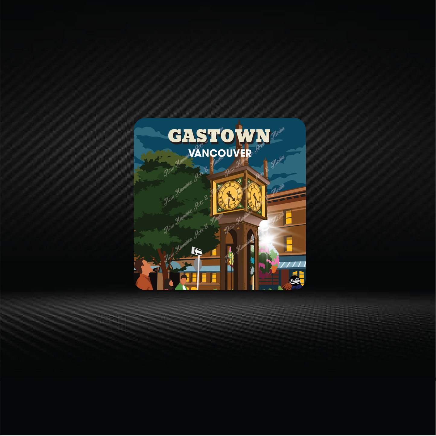 Art coaster featuring Gastown Steam Clock in Vancouver, Canada, by New Klondike Arts and Media, showcasing detailed cityscape artwork.
