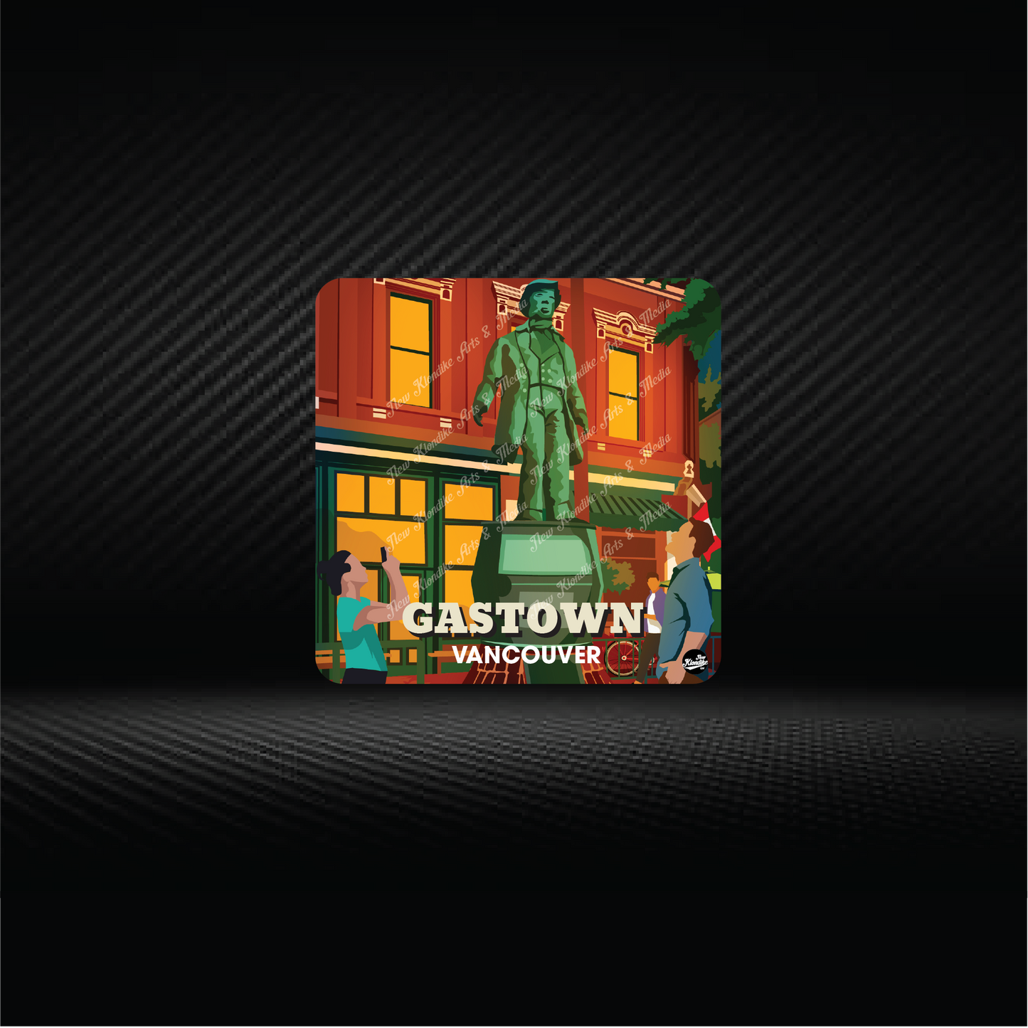 Art coaster featuring Gastown in Vancouver, Canada, by New Klondike Arts and Media, showcasing a vibrant cityscape design.