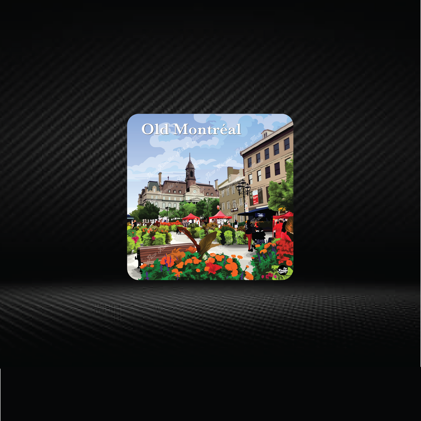Art coaster featuring a detailed illustration of Old Montreal, Canada, by New Klondike Arts and Media.