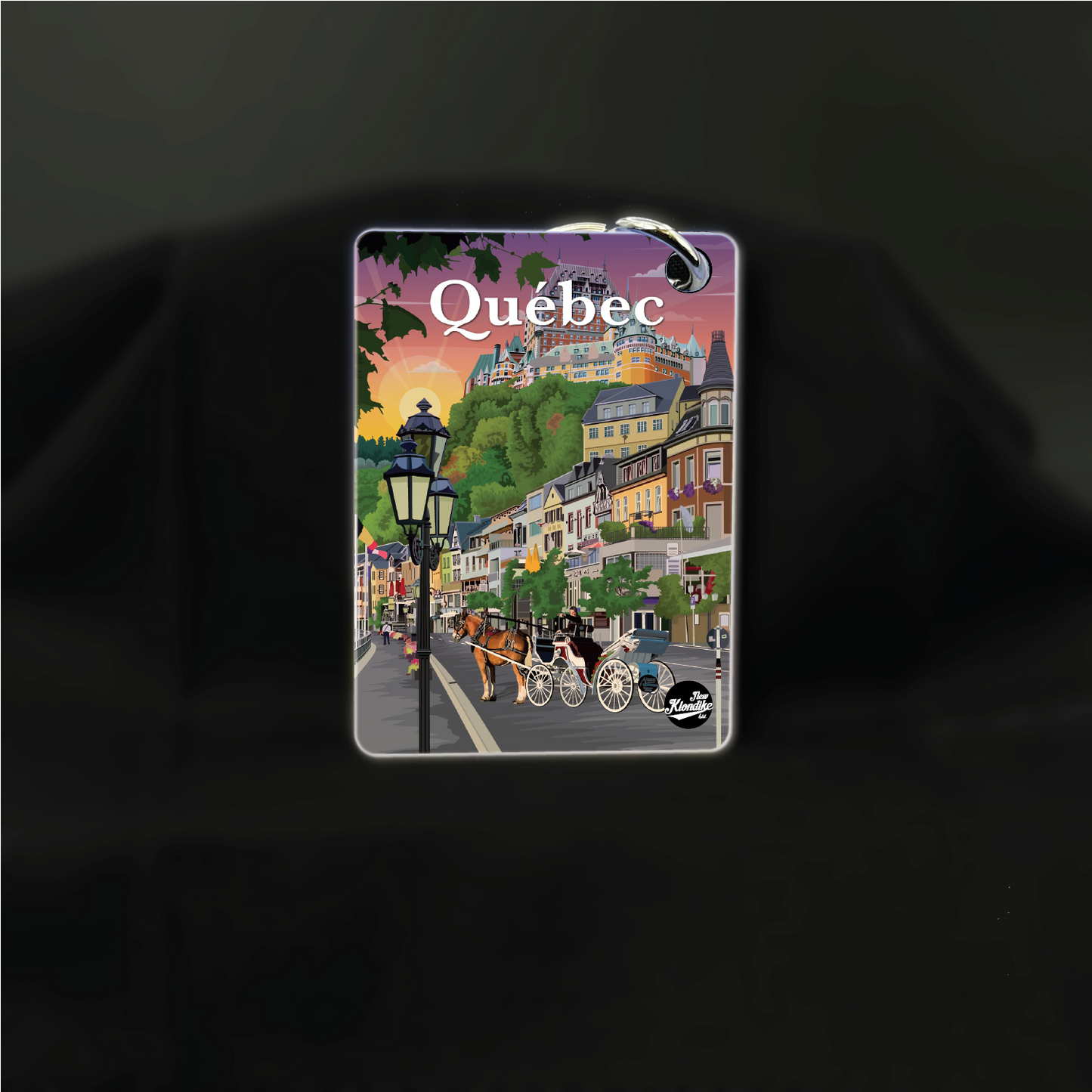 Art key chain featuring a sunrise view of Old Quebec City, Canada, by New Klondike Arts and Media.